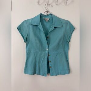 Talbots Pure Silk Linen Aqua Blue Button-Down Short Sleeve Shirt Y2K Baby Tee